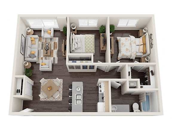 A top-down view of a small apartment with a living room, kitchen, and bedroom.