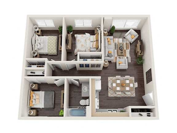 A top-down view of a well-furnished apartment.