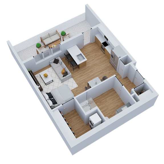 3D floor plan with two bedrooms and balcony at Sequel Homes Apartments, Englewood, Colorado