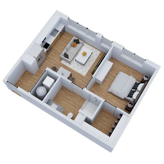 3D floor plan with two bedrooms and bathroom at Sequel Homes Apartments, Colorado