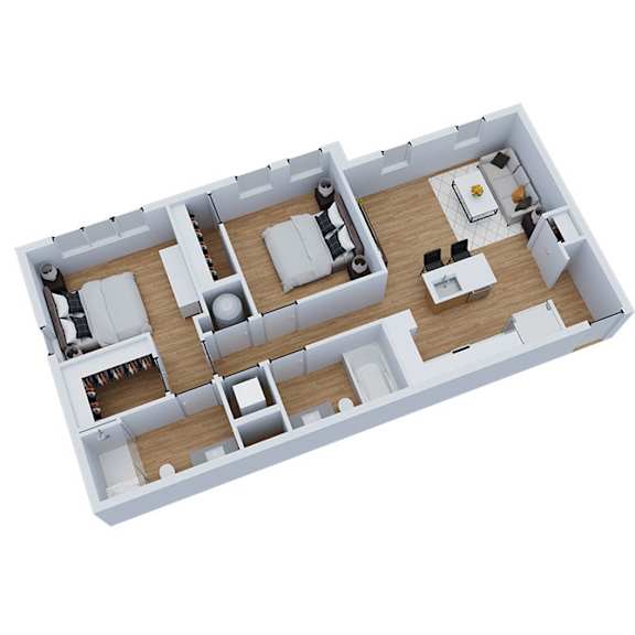 3D floor plan with living area and two bedrooms at Sequel Homes Apartments, Englewood, CO