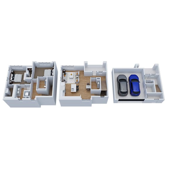 3D floor plan showing multilevel apartment layout at Sequel Homes Apartments, Englewood, 80110