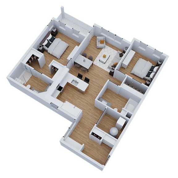 3D floor plan with multiple bedrooms and open living area at Sequel Homes Apartments, Englewood, Colorado