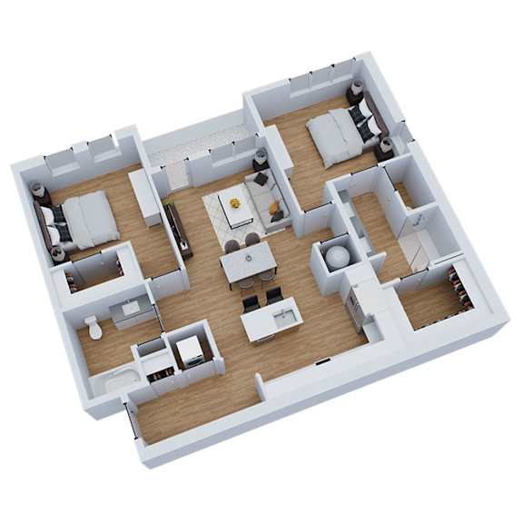 3D floor plan with two bedrooms and dining area at Sequel Homes Apartments, Englewood