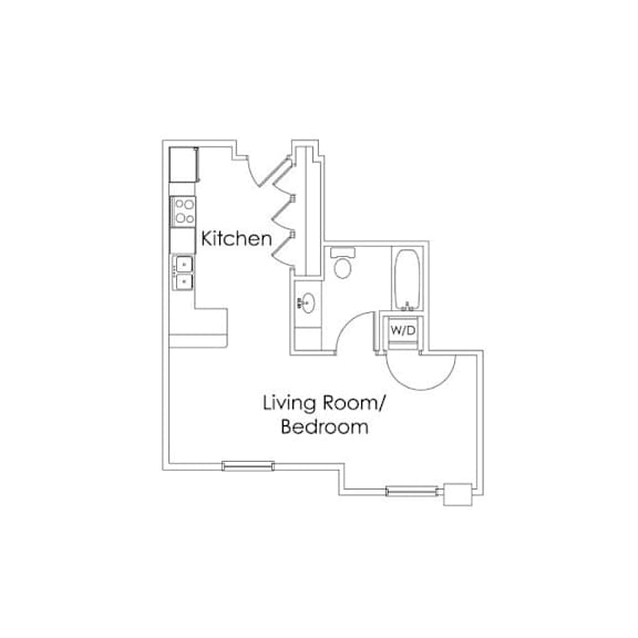 Studio floor plan with combined living bedroom space at Cypress Court Apartments, St Cloud, MN