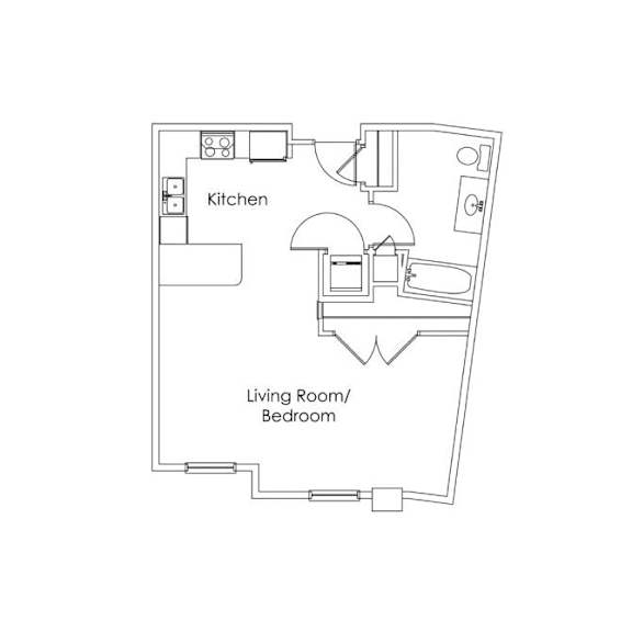 Studio floor plan with kitchen and bathroom at Cypress Court Apartments, St Cloud, 56303