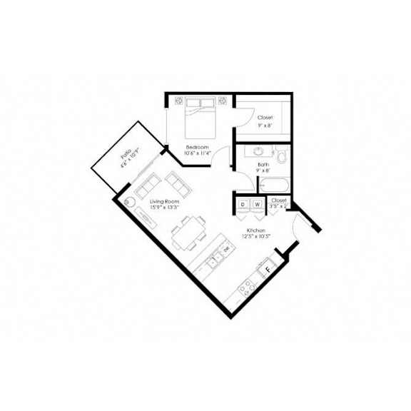 One bedroom floor plan layout at Grand Gateway Apartments, Minnesota