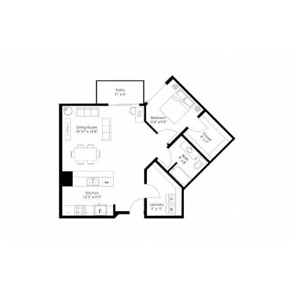 One bedroom floor plan at Grand Gateway Apartments, St Cloud, MN 56301