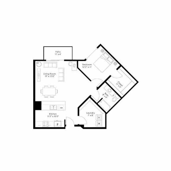 One bedroom floor plan with patio at Grand Gateway Apartments, St Cloud, MN