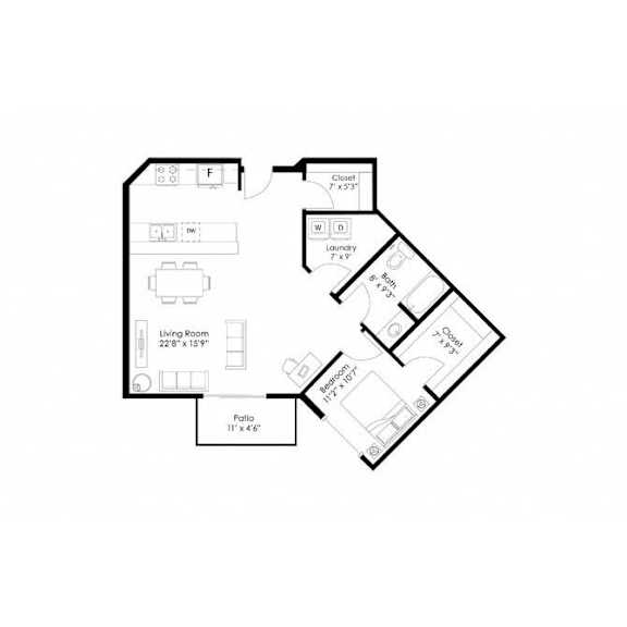 One bedroom floor plan with angled layout at Grand Gateway Apartments, St Cloud, 56301