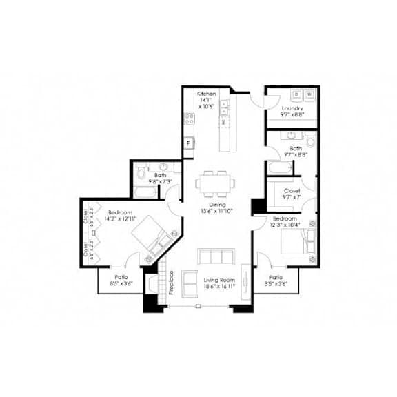 Two bedroom two bathroom floor plan layout at Grand Gateway Apartments, St Cloud