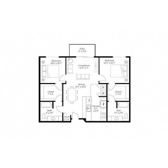 Two bedroom two bath floor plan at Grand Gateway Apartments, Minnesota, 56301
