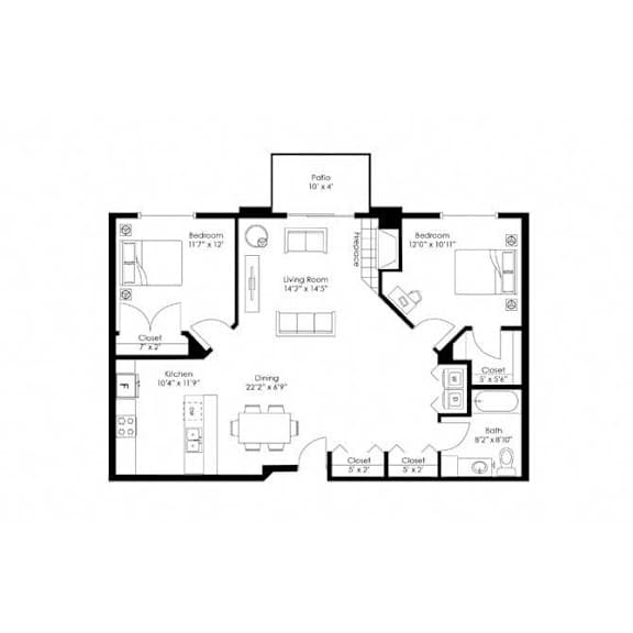Two bedroom floor plan with patio at Grand Gateway Apartments, St Cloud, MN