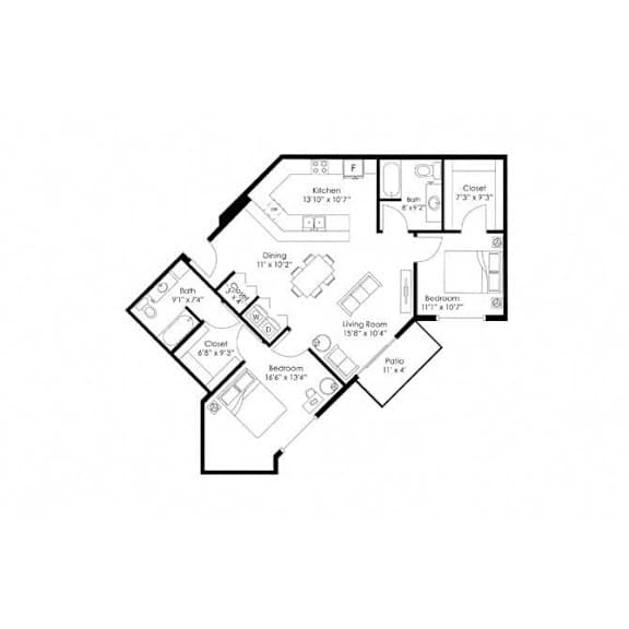 Two bedroom two bath floor plan with angled design at Grand Gateway Apartments, St Cloud, Minnesota