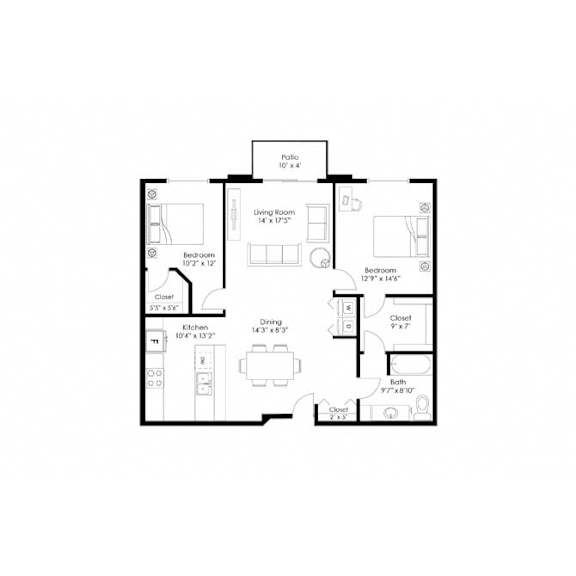 Two bedroom two bath floor plan with patio at Grand Gateway Apartments, St Cloud