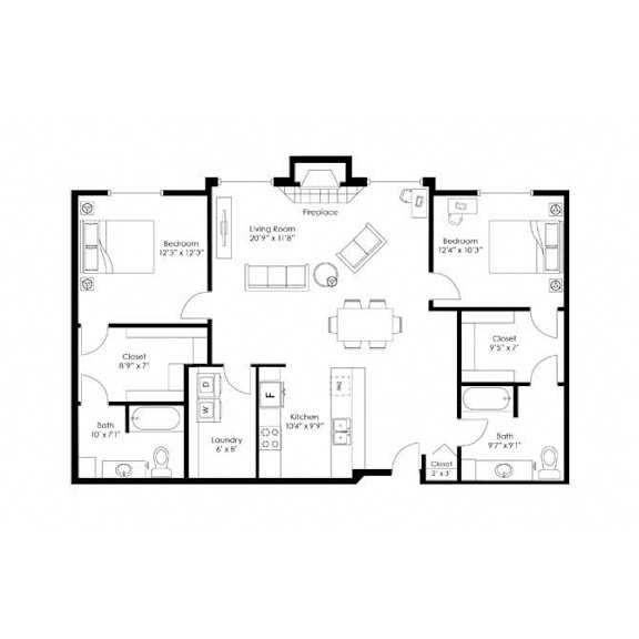 Two bedroom two bath floor plan with fireplace at Grand Gateway Apartments, Minnesota