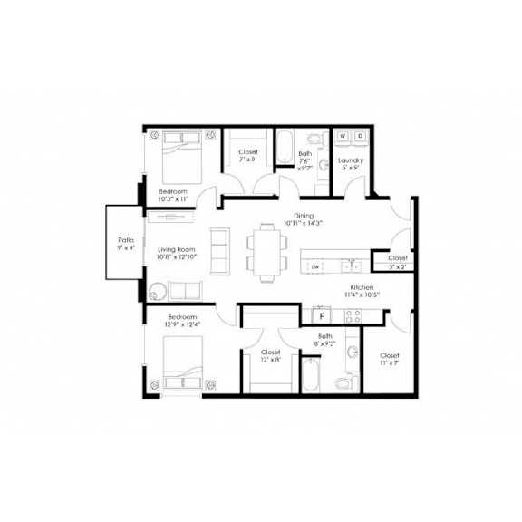 Two bedroom two bath floor plan with closets at Grand Gateway Apartments, Minnesota, 56301