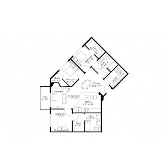 Two bedroom floor plan with angled walls at Grand Gateway Apartments, St Cloud, MN 56301
