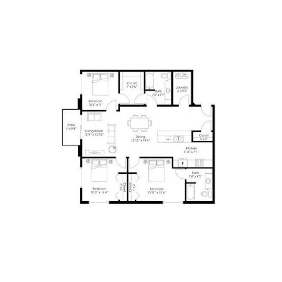 Three bedroom two bath apartment floor plan at Grand Gateway Apartments, St Cloud, MN