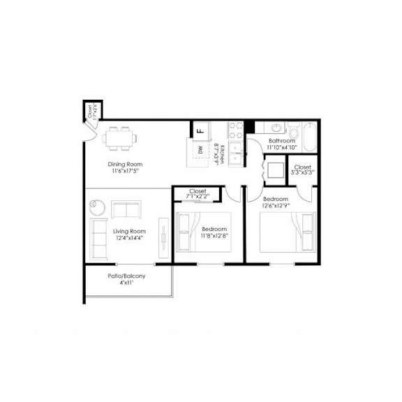 2 bed apartment floor plan layout at Prosper West Apartments, Waite Park, 56387