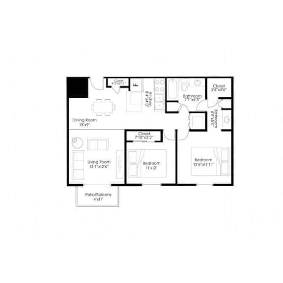 Two bed apartment floor plan layout at Prosper West Apartments, Waite Park, Minnesota