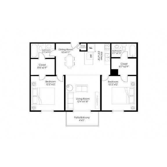 Two bedroom floor plan with dual bathrooms at Prosper West Apartments, Minnesota