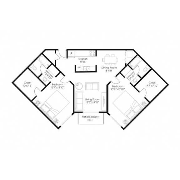 Two bedroom floor plan with dual closets at Prosper West Apartments, Waite Park, MN 56387