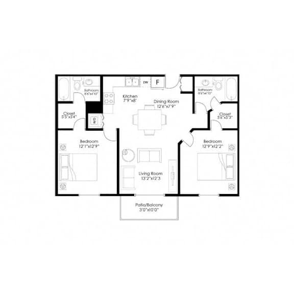 Two bedroom floor plan with patio balcony at Prosper West Apartments, Waite Park, 56387