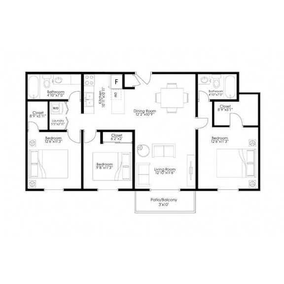 Three bedroom two bathroom floor plan layout at Prosper West Apartments, Waite Park