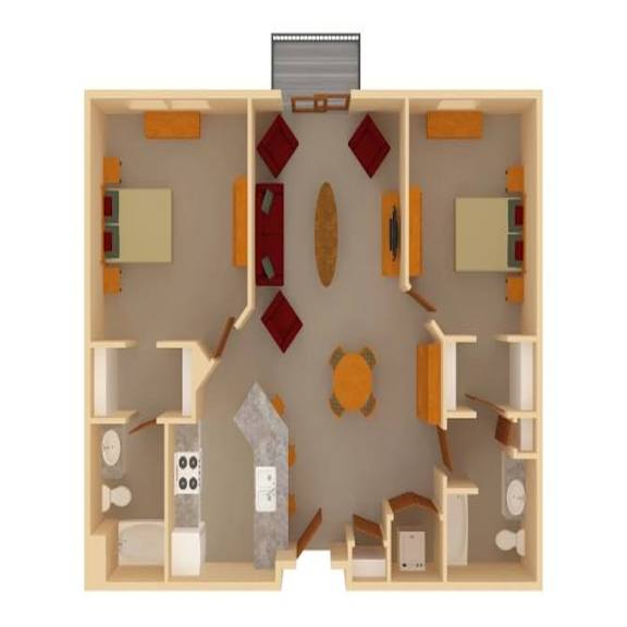 Two bedroom 3D floor plan layout at The Ponds at Heritage Place Apartments, Minnesota
