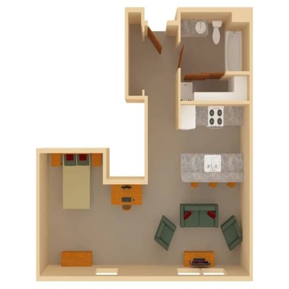 Floor plan of studio apartment layout at The Ponds at Heritage Place Apartments, Sartell, MN