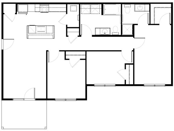 A black and white image of a floor plan with various rooms and spaces.