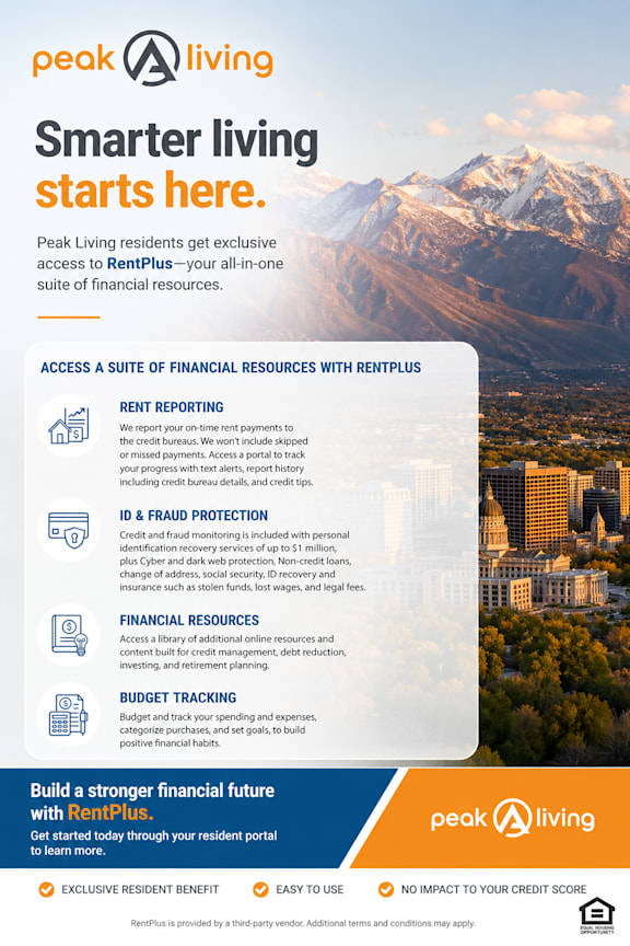 Rentplus financial resources promotional flyer at Prosper West Apartments, Minnesota