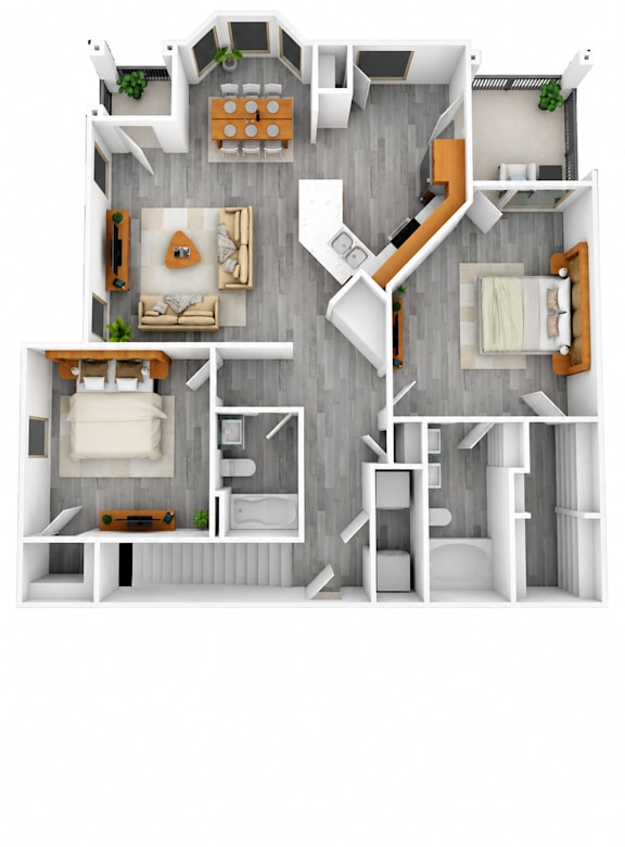 A 3D floor plan of a small apartment with two bedrooms, a living room, a kitchen, and a bathroom.