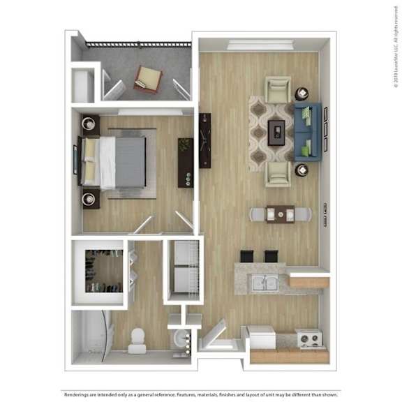 Floor Plan  A floor plan of a small apartment with a kitchen, living room, and bathroom.