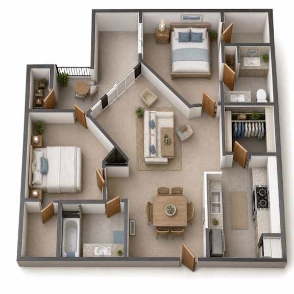 A 3D floor plan of a house with a kitchen, living room, dining room, and bedrooms.