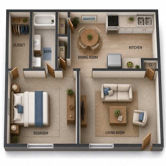 One bedroom apartment 3D floor plan layout at Stonetree Apartments, East Point, GA 30344