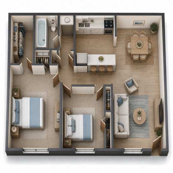 Two bedroom 3D floor plan with open living area at Stonetree Apartments, East Point, GA