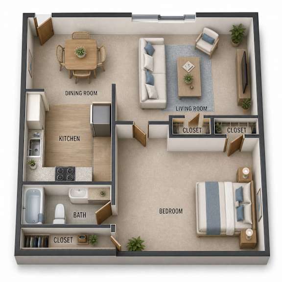 One bedroom apartment floor plan in 3D at Stonetree Apartments, East Point, Georgia
