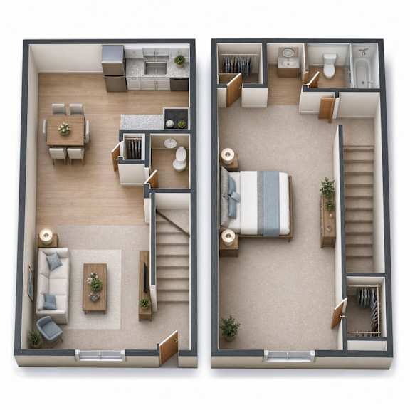 Two story 3D floor plan with bedroom and bathroom at Stonetree Apartments, East Point, 30344