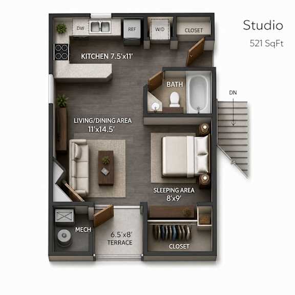 A 3D floor plan of a studio apartment with a kitchen, living/dining area, sleeping area, and terrace.