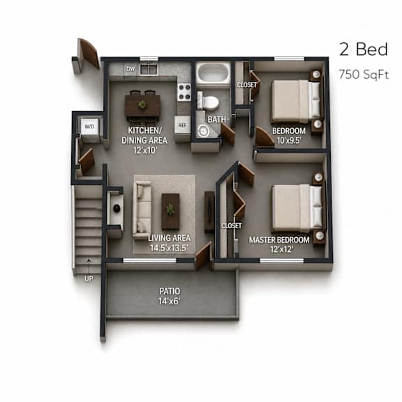 A 2 Bedroom apartment is 750 square feet with a living area of 14.5 x 13.5 feet.