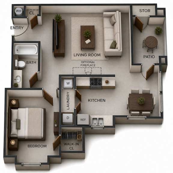 A 3D rendered image of a house layout.
