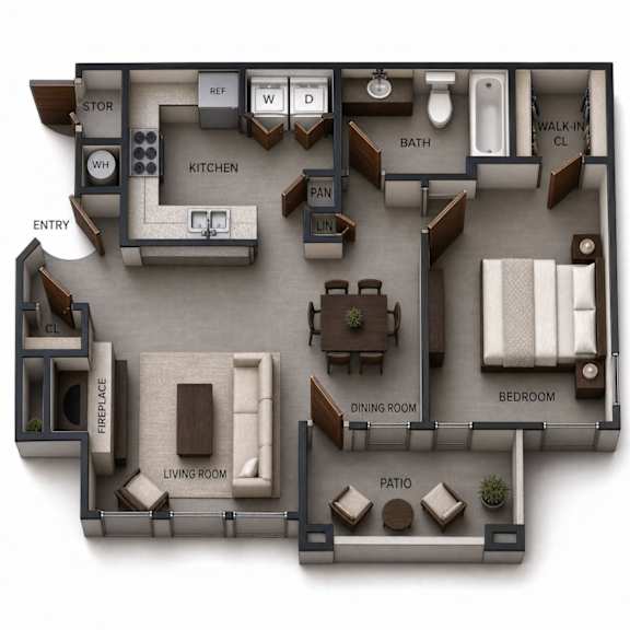 A 3D rendered image of a house layout with labeled rooms.