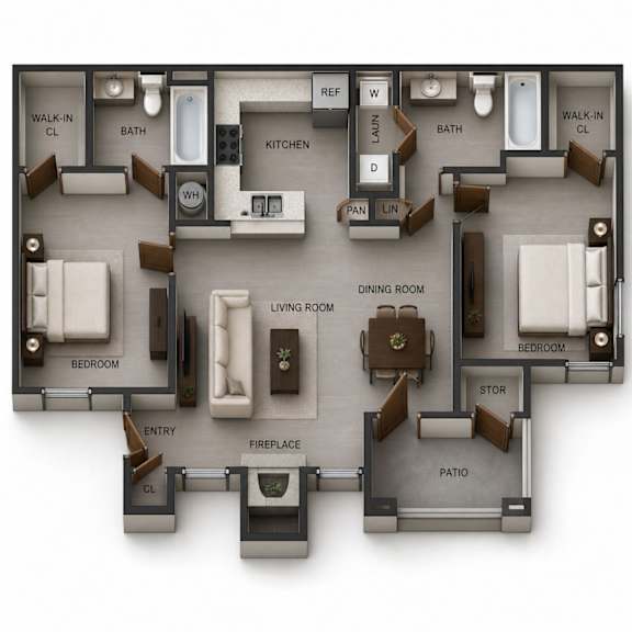 A 3D rendered image of a house layout.