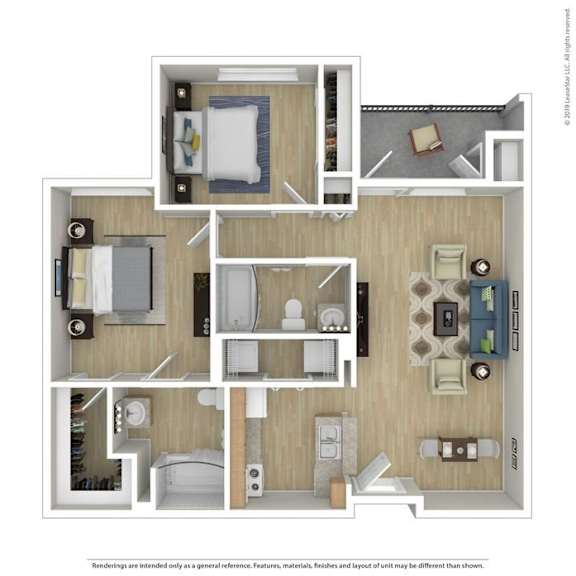 Floor Plan  A floor plan of a small apartment with a kitchen, living room, and two bedrooms.
