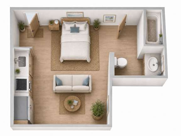 A top-down view of a small, neatly organized apartment with a bed, couch, and kitchen area.