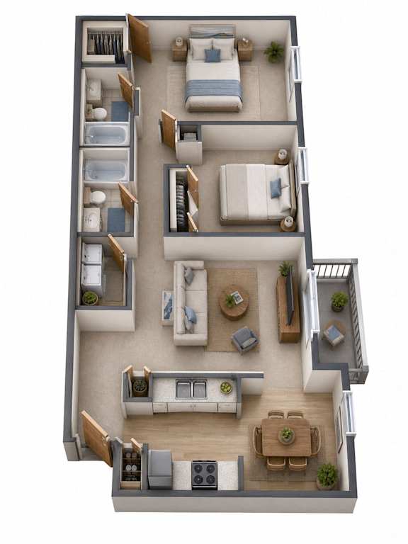 A 3D floor plan of a house with a living room, kitchen, dining room, and two bedrooms.