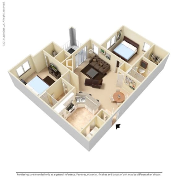 3D floor plan with two bedrooms and open living area at Delta Crossing Apartments, Charlotte