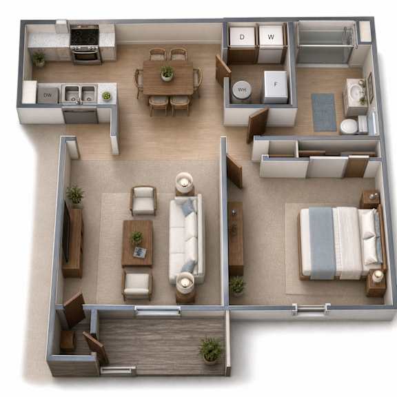 A top-down view of a living space with a kitchen, dining area, and bedroom.